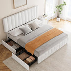 Garvee Queen Size Bed Frame with 4 Storage Drawers, Adjustable Height Headboard, Linen Upholstered Platform Bed Frame, No Box Spring Needed, Easy Assembly, White