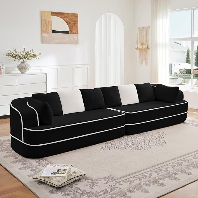 135" Modular Sectional Couch, 4-Seater with Throw Pillows Modern Teddy Fabric Foam Boneless Sofa for Living Room, Oversized with Deep Seat, No Assembly Required,Black