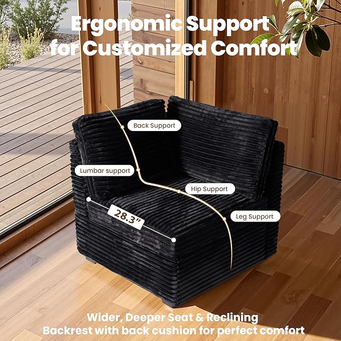 32.7'' Corner Seat for Modular Sectional Sofa, Deep Seat Upholstered Convertible Sleeper Sofas, L/U/V Shaped Plush Corduroy Cloud Couch for Living Room Apartment, Black