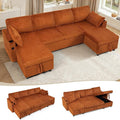 110" Corduroy Pull Out Sofa Bed w/Adjustable Backrests, Sectional U-Shape Sleeper Sofa w/Storage Chaise, Convertible Couch Bed w/USB Charging Port & Cup Holders for Living Room, House, Orange