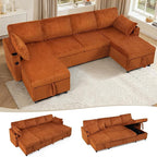 110" Corduroy Pull Out Sofa Bed w/Adjustable Backrests, Sectional U-Shape Sleeper Sofa w/Storage Chaise, Convertible Couch Bed w/USB Charging Port & Cup Holders for Living Room, House, Orange