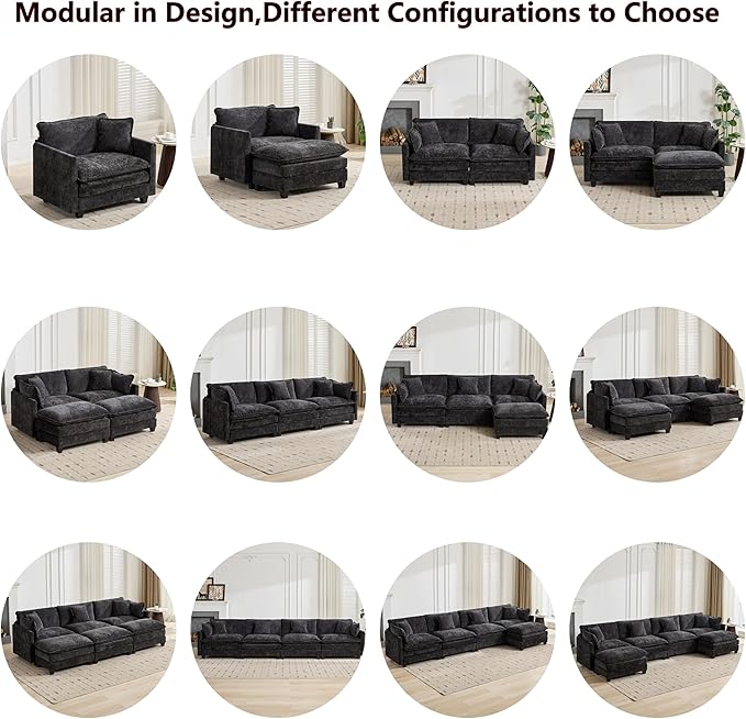 Aoowow Modular Sectional 4 Seater Cloud Sofa Couch for Living Room,149.6" Cloud Sofas with Deep Seat,Modern Chenille 4 Seat Sofas,Fluffy Cloud Couches for Bedroom,Office,Hotel (Black, 4 Seater)