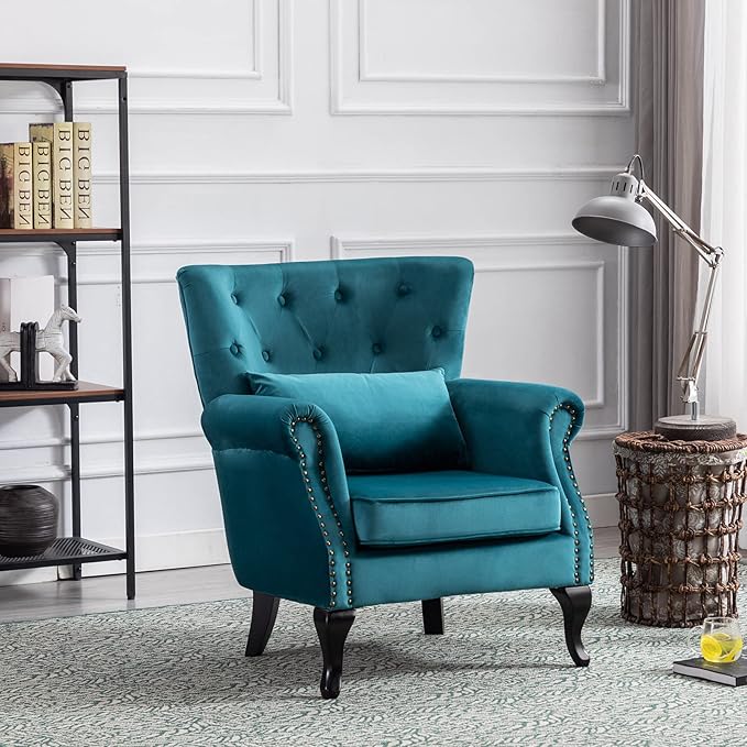 Accent Reading Arm Chairs Set of 2 for Living Room Bedroom, Midcentury Modern Comfy Corner Sofa Chair, Wingback Waiting Room Club Chair with Button Tufted Back &Lumbar Pillow, Velvet Teal