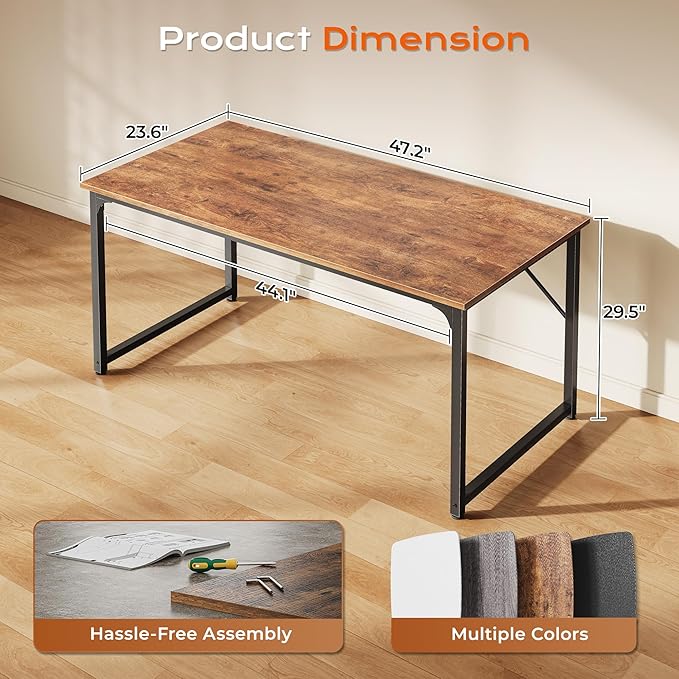 PRAISUN 47 X 24 Inch Computer Desk with Deeper Desktop, Gaming Office Writing Work Desk for Home Office, Study, Bedroom, Work from Home, Metal Frame, Rustic Brown