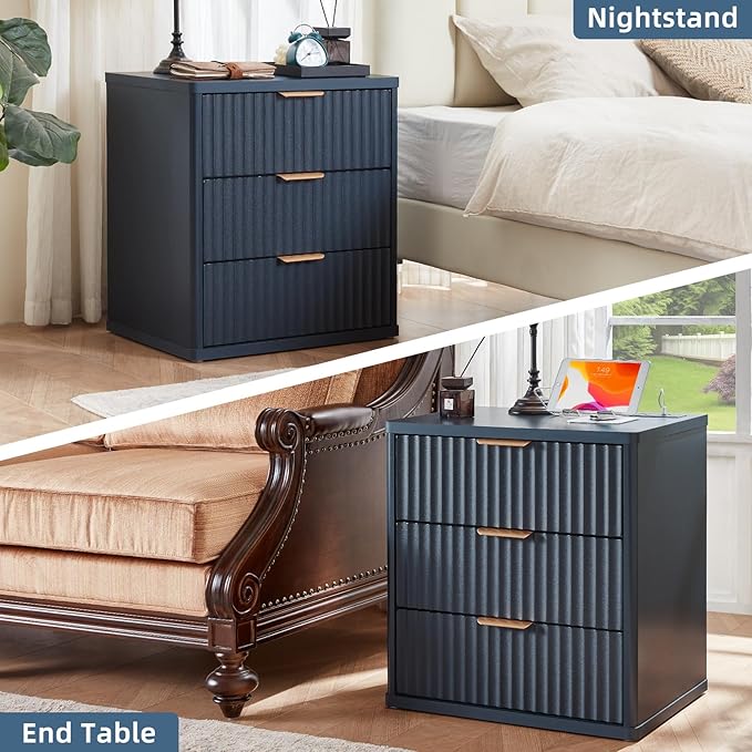 LEYAOYAO 23" Wide Fluted Farmhouse Night Stand Set of 2 with Charging Station, 3 Drawers Large End Table w/Metal Handle,Nightstand Bedside Table,Wood Dresser for Bedroom, Closet,Blue