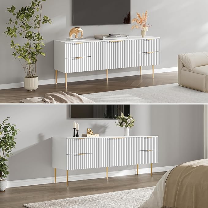 SICOTAS TV Stand for 55/60/65/70 Inch TV - 62 Inch TV Stands for Living Room Entertainment Center with 4 Drawers, Fluted Modern TV Media Console Television Cabinet for Bedroom (White, 2 Pieces)