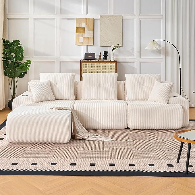 118" Modular Sectional Sofa, Cloud Sectional Couch with Deep Seat, Modern Modular Sofa with L Shaped Comfy Cloud Upholstered Boneless Couches for Living Room Bedroom, White
