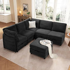 KKL Modular Sectional Sofa V-Shaped 6 Seater Couch with Storage Ottoman, Convertible L/J-Shaped Couch and Sofa Bed Plush Wide-Wale Corduroy for Living Room, Apartment, Modern Design, Black