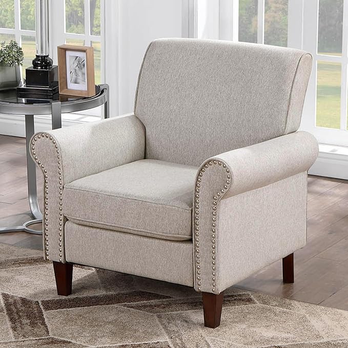 Prilinex Upholstered Living Room Chair Set of 4 - Large Comfy Fabric Accent Chair Single Sofa with Cushion, Rolled Armrest & Nailhead Trim, Mid Century Farmhouse Armchair for Bedroom, Office, Beige