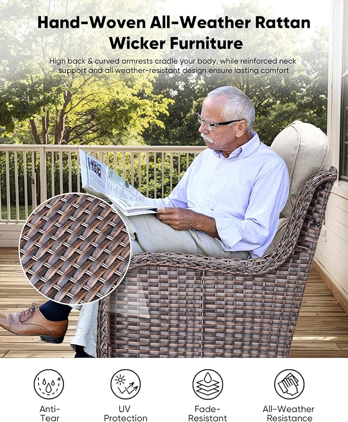 HUMMUH Wicker Patio Furniture Set 6 Inch Thick Cushion Outdoor Swivel Rocker Patio Chairs with Deep Seat Sofa 5PCS Outdoor Furniture Set for Porch Garden Deck