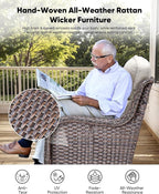 HUMMUH 3-Piece Swivel Rocking Rattan Chair Outdoor, Patio Bistro Furniture Conversation Set, Cushioned Wicker Chair with Glass Coffee Table (Brown, Beige)