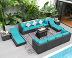 NICESOUL 13 Piece Outdoor Seating with Firepit, Comfortable Cozy Backyard Furniture with Fire Table and Lounge Chair, Modular Sectional Patio Sofas 500lbs Heavyduty with 10-Seat Group, Gray&Turquoise