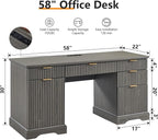JXQTLINGMU 58" Modern Executive Desk with Storage, Wood Home Office Desk with Drawer & Cabinet, Fluted Computer Writing Desk for Study, Living Room, Bedroom, Grayish Green