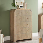 T4TREAM Fluted 5 Drawers Dresser, 48" Tall Modern Chest of Drawers with Thickened Curved Profile Design, Wood Closet Clothes Storage Organizer for Bedroom, Living Room, Hallway, Natural Oak