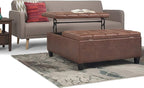 SIMPLIHOME Harrison 36 inch Wide Transitional Square Coffee Table Storage Ottoman in Distressed Umber Brown Vegan Faux Leather, Assembled, For the Living Room and Bedroom