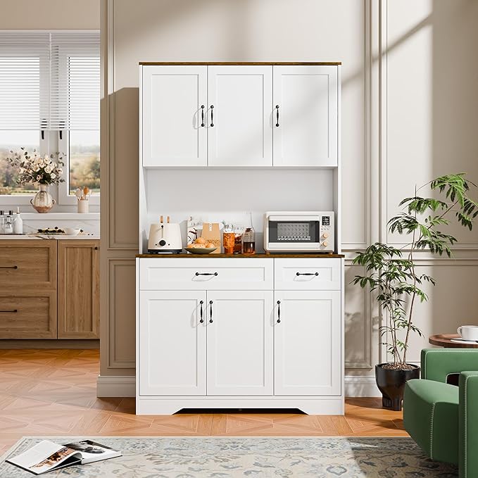 Cozy Castle 71" Tall Kitchen Hutch Cabinet with Drawers and Power Outlet, Farmhouse Pantry Storage Cabinet, Large Wood Coffee Bar Microwave Stand Cupboard for Dining Room Living Room, White