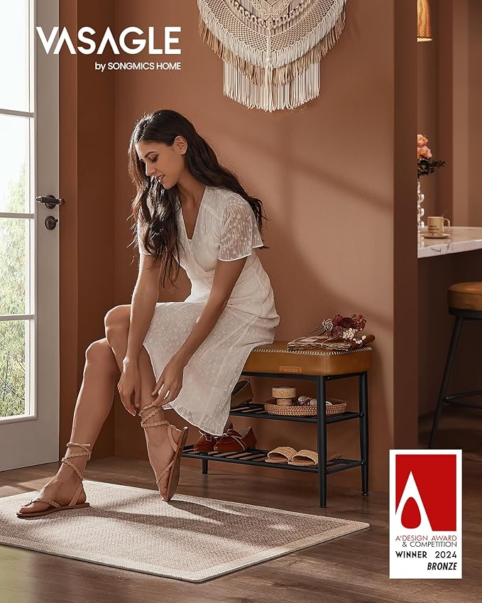 VASAGLE EKHO Collection - Shoe Rack Bench, Storage Bench for Entryway, Synthetic Leather with Stitching, Mid-Century Modern, Loads 300 lb, 11.8 x 31.5 x 19.7 Inches, Caramel Brown ULSB054K01