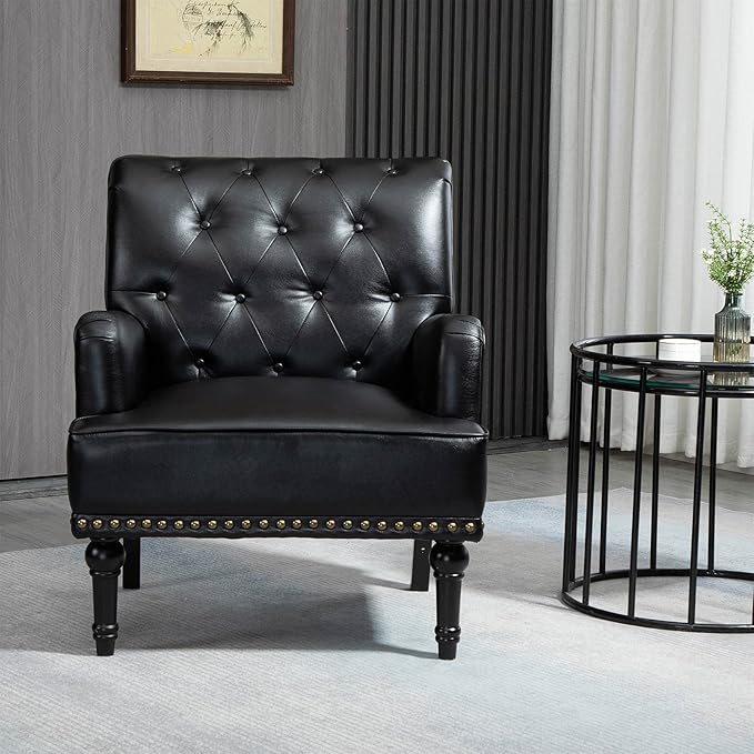 MOJAY Faux Leather Accent Chair, Mid-Century Armchair Living Room Sofa Chair with Rubber Wood Leg, Club Chair with Rivet Trim for Bedroom Reading Room Reception (Black)
