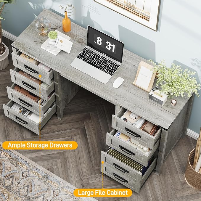 Vabches Farmhouse 60.6” Executive Desk with 7 Drawers, Computer Desk with File Drawer for Hanging Files A4, Workstation for Home Office, Study.Grey