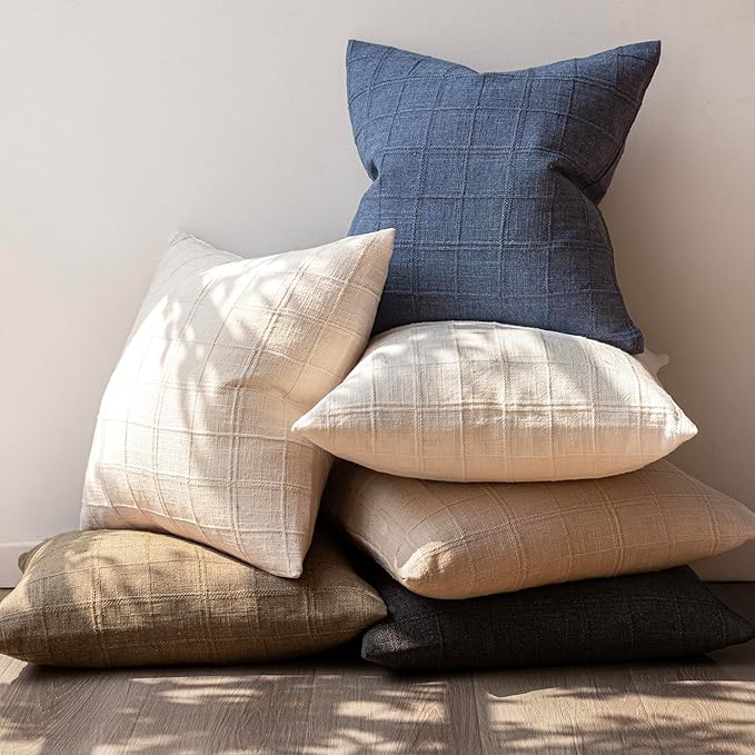 Foindtower Set of 2 Decorative Linen Check Throw Pillow Covers Neutral Farmhouse Vintage Cushion Covers Modern Boho Home Decor for Sofa Chair Couch Bedroom Living Room,26×26 Inch,Charcoal