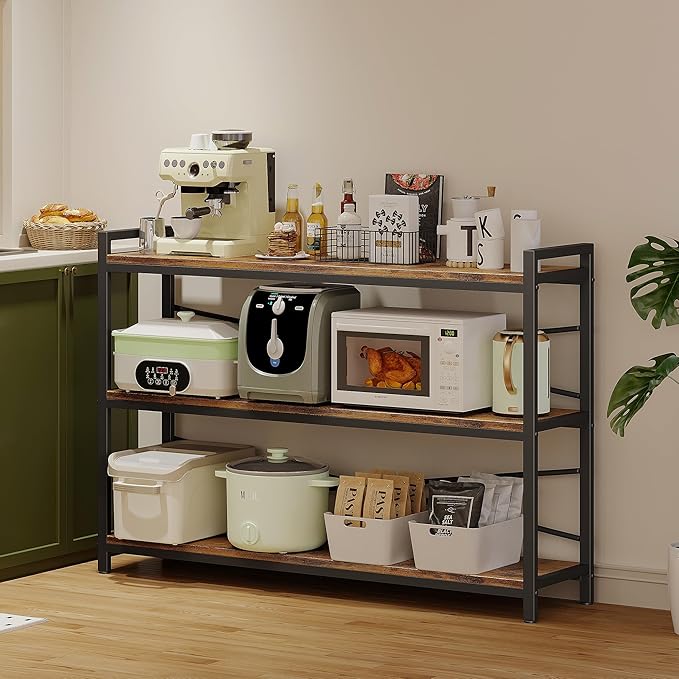 3 Tier Bookcase 47.24" Width, Long Industrial Book Shelf, Vintage Wooden Large Book Shelf for Home Living Room Bedroom Office Storage(Vintage)