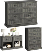 CARPETNAL Farmhouse Dresser and Nightstand Sets for Bedroom, 4 Pcs Bedroom Set, 5 Drawer & 8 Drawer Dresser and Nightstand Set of 2, Wood Chest of Drawers for Living Room, Entryway, Grey