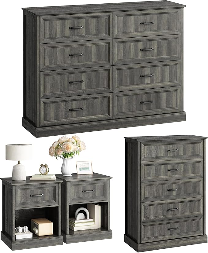 CARPETNAL Farmhouse Dresser and Nightstand Sets for Bedroom, 4 Pcs Bedroom Set, 5 Drawer & 8 Drawer Dresser and Nightstand Set of 2, Wood Chest of Drawers for Living Room, Entryway, Grey