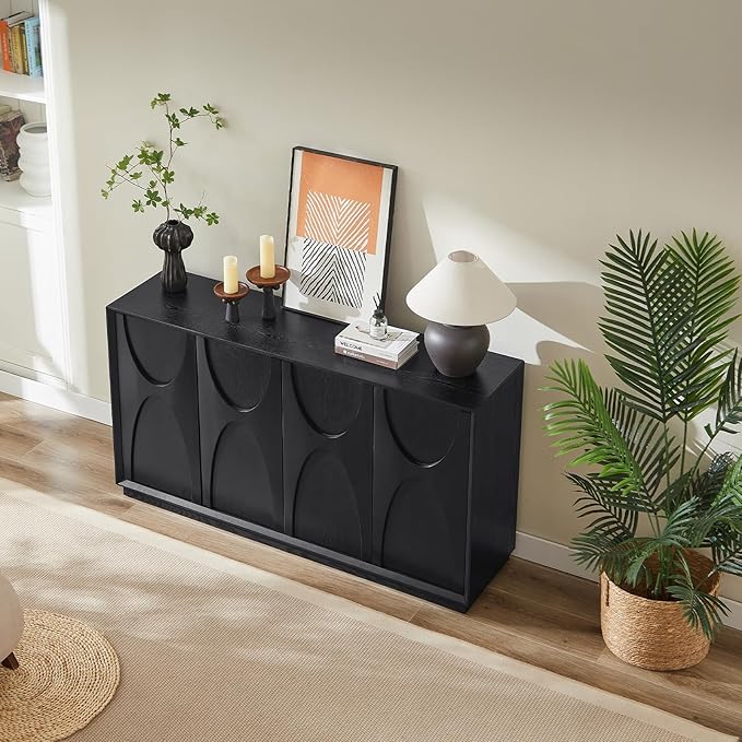 LKTART 59" Sideboard Buffet Cabinet Retro Accent Storage Cabinet with Magnetic Door Latches Adjustable Shelf for Living Room Kitchen(Black)
