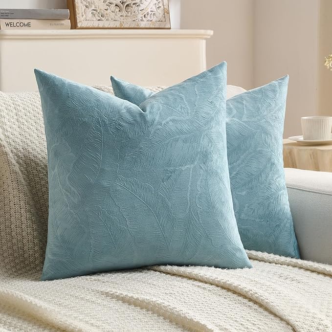 FUTEI Grey Blue Velvet Throw Pillow Covers 16x16 Inch Set of 2,Soft Embossed Leaf-Relief Textured Cushion Cases,Natural Home Decor for Couch Living Room