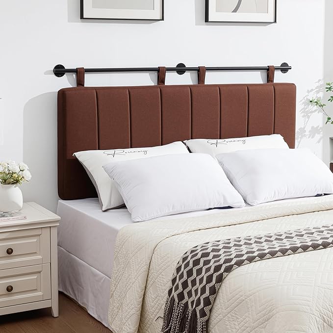 UEV King Headboard Only, Wall Mounted Hanging Upholstered Bed Head Board, Modern Vertical Channel Design of Fine Linen, Elegant Brown Fluted Headboard for Bedroom (Brown, King Size)