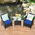 COSTWAY 3 PCS Patio Furniture Set, Outdoor Wicker Conversation Set with Tempered Glass Coffee Table, Seat Cushions, Rattan Wicker Chairs for Poolside Balcony Porch Backyard, Navy