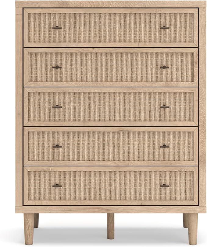 Signature Design by Ashley Cielden Contemporary Chest of Drawers with Textured Cane Details and 5 Drawers, Bronze Knobs, Wood, 52.48" High, Light Brown