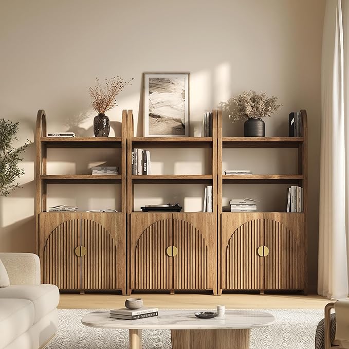 BELLEZE Book Shelf 72" Tall Arched Bookcase with Storage, 5 Tier Mid Century Modern Fluted Bookshelf with Doors, Modular Bookshelves for Living Room Office Library, Set of 3 (Caramel Brown)