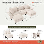 123-Inch U Shaped Sectional Sofa with Cloud Cushions, Deep Seat Modular Couch Set w/ 5 Seats & 2 Ottomans, Plush Chenille & Corduroy Upholstery for Living Room, Apartment - Beige
