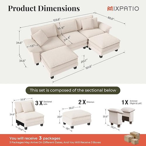 123-Inch U Shaped Sectional Sofa with Cloud Cushions, Deep Seat Modular Couch Set w/ 5 Seats & 2 Ottomans, Plush Chenille & Corduroy Upholstery for Living Room, Apartment - Beige