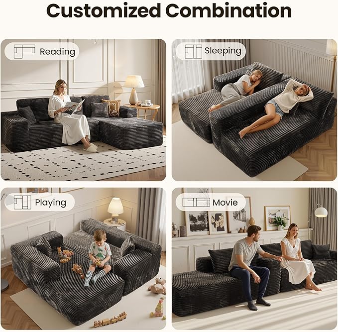 104" Cloud Sectional Couch with Chaise, Boneless L-Shaped Cloud Couch with Deep Seat, Soft Plush Modern Minimalist Sofa, Assembly Free Comfy Sofa for Office Living Room Apartment(Grey, Right Chaise)