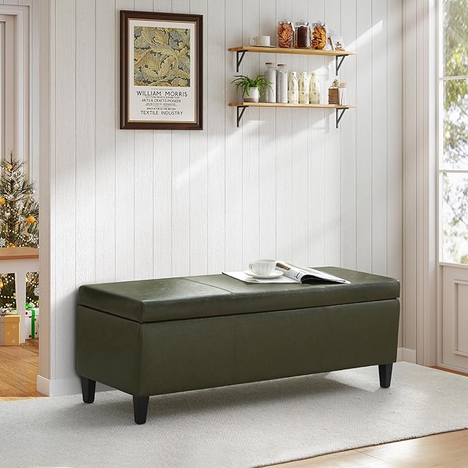 HUIMO Faux Leather Storage Ottoman Bench 50.3 Inch Extra Long PU Upholstered Bedroom Bench with Large Storage Space for The Living Room, Entryway, Bedroom Hold Up to 300lbs (Green)