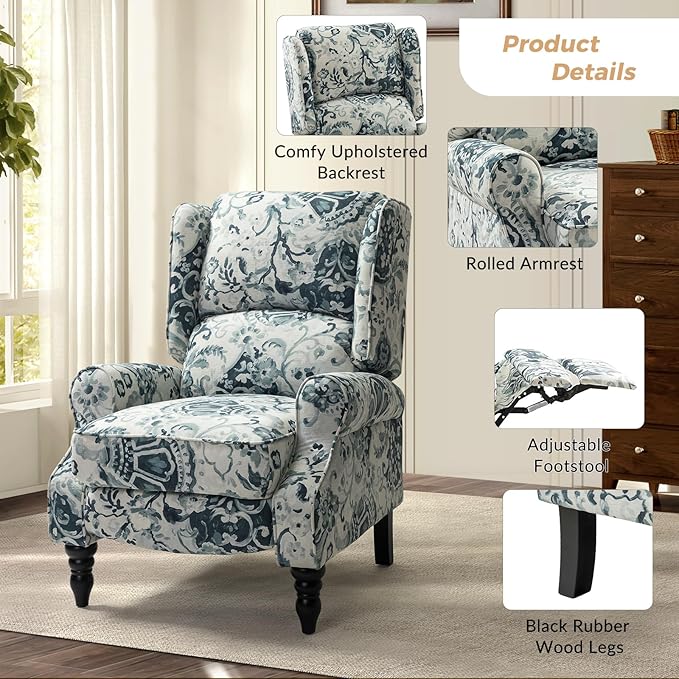 HULALA HOME Upholstered Wingback Recliner Chair Set of 2, Small Adjustable Footrest Push Back Single Reclining Sofa, Mid Century Modern Lounge Armchair for Living Room, Bedroom, Reading/Floral