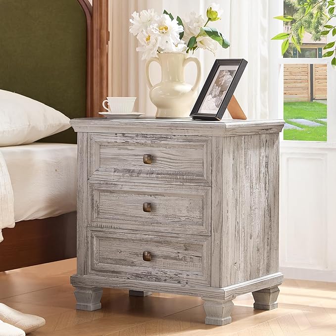 Farmhouse Nightstand Set of 2, Rustic Accent End Table with 3 Drawers & 4 Square Solid Wood Legs, Vintage Bed Side Table with Storage, Small Dresser for Bedroom, Living Room, Grey