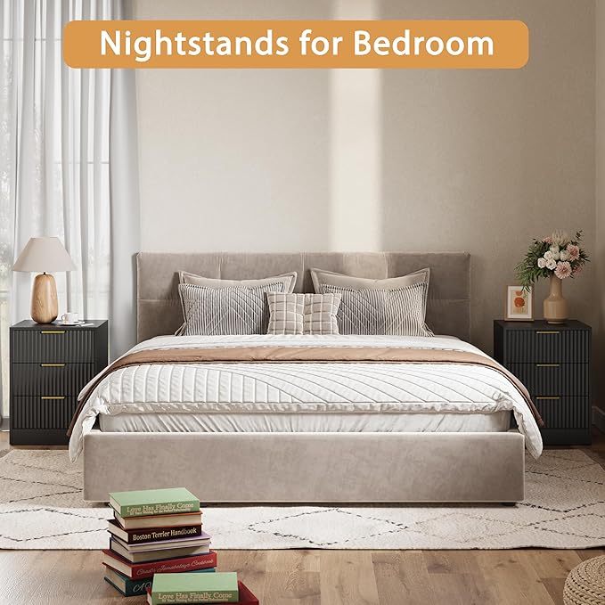 3-Piece Modern Bedroom Furniture Set, Wide 7-Drawer Dresser & 3-Drawer Nightstands Set of 2, Natural Wood Dresser and Nightstand Sets for Bedroom, Hallway, Black