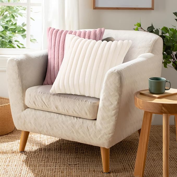 Pallene Faux Fur Plush Throw Pillow Covers 16x16 Set of 2, Luxury Soft Fluffy Striped Decorative Pillow Covers for Sofa, Couch, Living Room, Blush Pink
