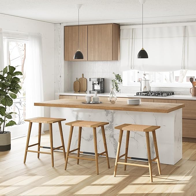 Thor Wicker Counter Height Wooden Counter Stool with Hand-Knitted Rope, K/D, Backless Island 24" Wicker Stool for Kitchen, Solid Wood (3, Thor Counter Stool - Light Brown)