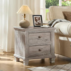 Farmhouse Nightstand with Charging Station, Rustic Low Night Stand with 2 Drawers, Mid-Century Modern End Table with 4 Square Solid Wood Legs, Small Vintage Dresser for Bedroom, Home, Grey
