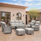 Swivel Patio Chairs Set of 3 with 6" Thick Cushion - Wicker Outdoor Swivel Rocker Patio Chairs with Side Table, High Back Comfortable Outdoor Glider Chair - Grey Wicker | Beige Cushions
