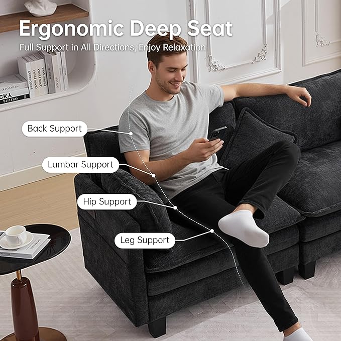 108" Modern L-Shaped Sectional Sofa with USB & Type-c Port Charger, Modular Cloud Couch, Deep Seating Chenille Fabric 4-Seater with Ottoman and Pillows for Living Room (Black)