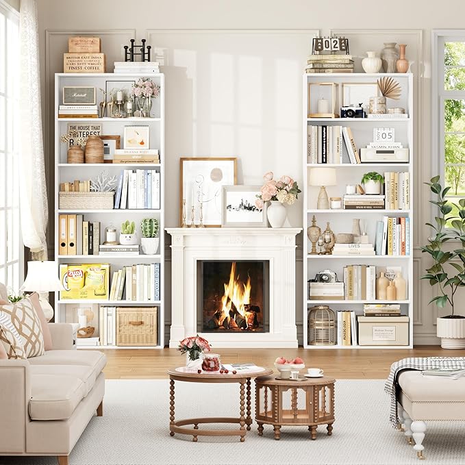 FOTOSOK 70.8" Tall Bookcase Shelf, 6 Tier Wide Bookshelf with Storage, Billy Bookcase Set of 2, Large Bookshelf for Living Room, Home Office, White