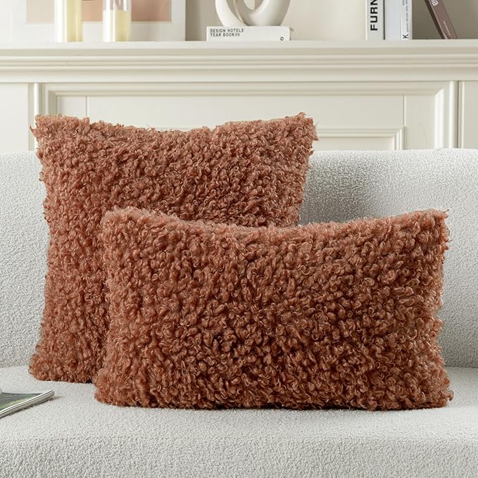 FUTEI Rust Decorative Throw Pillow Covers 26x26 Inch Set of 2,Soft Fluffy Faux Wool Fur Boucle Textured Pillow Shams,Modern Home Decor for Couch Bed Living Room Office