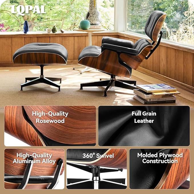 Top Black Grain Leather, Mid Century Chaise Lounge Chair and Ottoman, Modern Chair Classic Design, Palisander Wood, Heavy Duty Base Support for Living Room Office