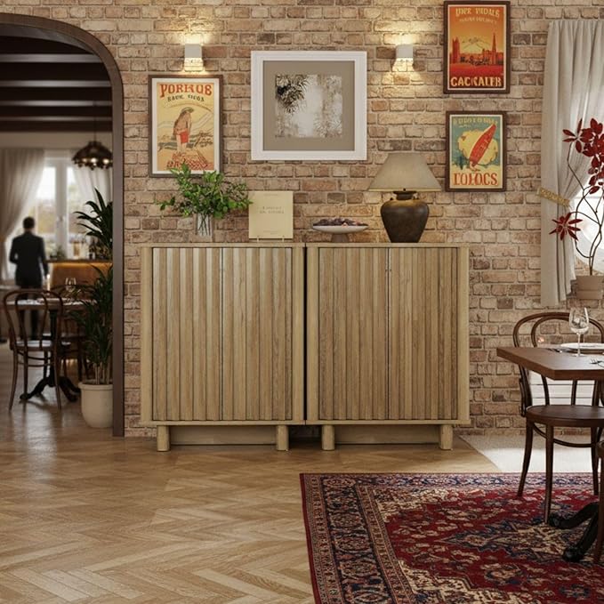 LukeAlon Fluted Sideboard Cabinet with Storage, 70" Farmhouse Boho Accent Buffet Cabinet, Wooden Credenza Cabinets for Living Room Dining Room Entryway Hallway, Natural Wood Color