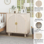 Beige Rattan Cabinet-2-Doors,Sideboard Buffet Cabinet with Storage-Accent Storage Cabinet with Cane Door, Boho Wood Credenza for Living Room, Kitchen,Dining Room or Office